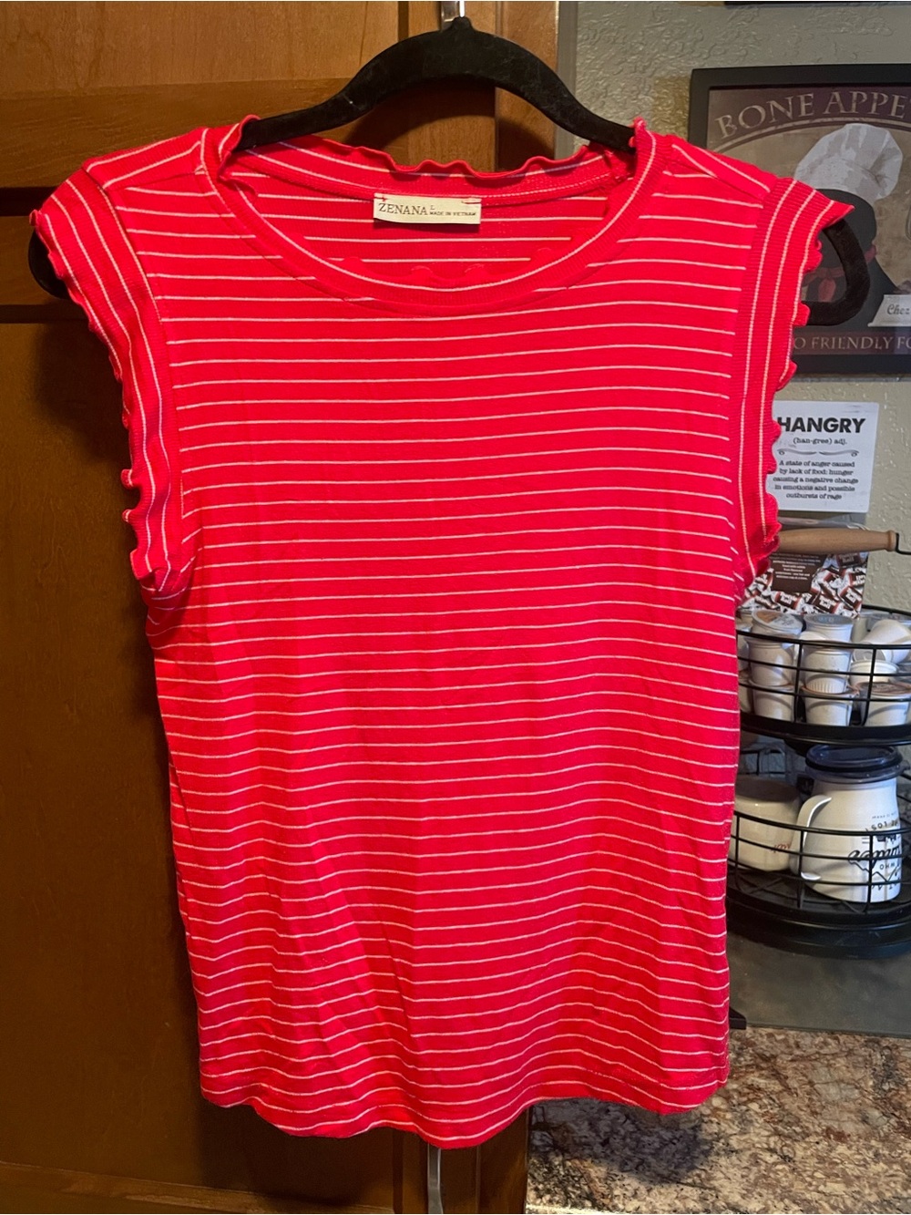Zenana Outfitters Red and White Striped Ruffle Sleeve Tank